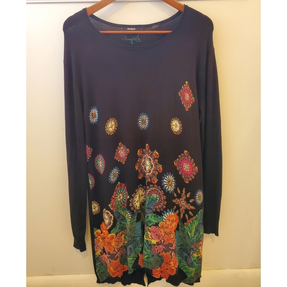 Desigual Black Tunic / Dress Floral Sequins Large - Picture 4 of 14